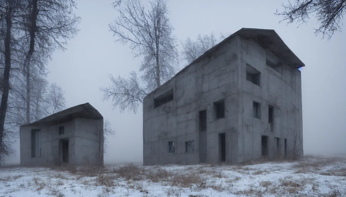 Image similar to russian style concrete house, abandoned, lifeless, winter, foggy blizzard, atmospheric, mystical, very detailed 4 k