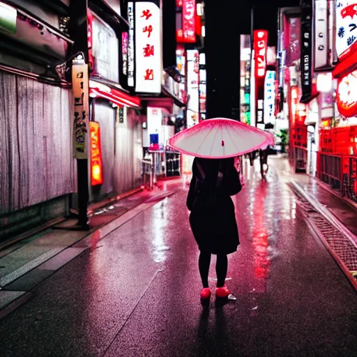 Prompt: japanese girl walking in neon japan at night under heavy rain alongside hundred of white rabbits