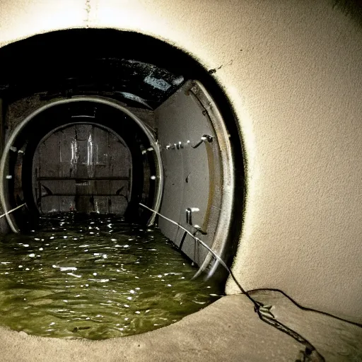 Prompt: the interior of a partially flooded missile silo, dark, scary lighting, scary, creepy, eerie, horror, submechanophobia, submerged machinery, photo,