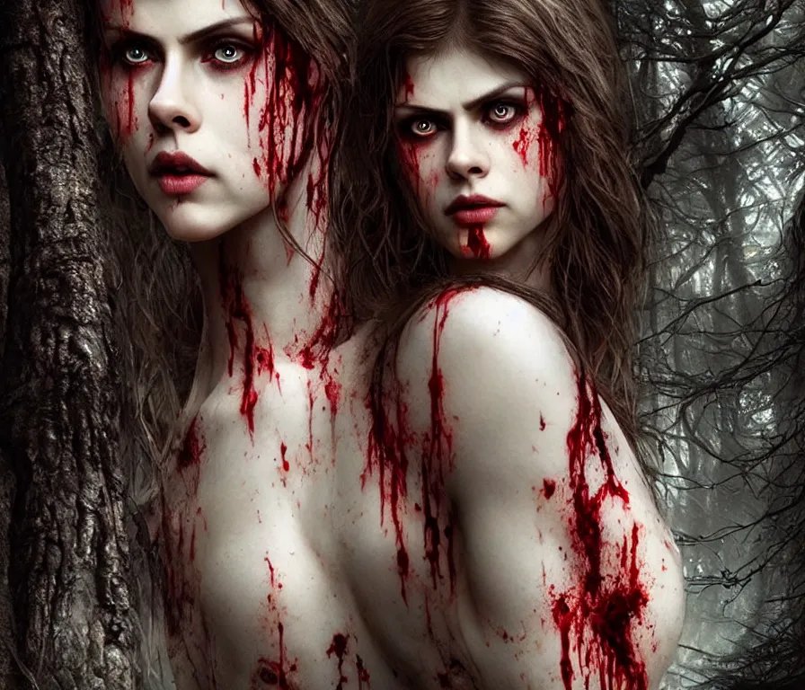 Image similar to photo of a gorgeous nordic female, covered in blood, in dark forest, alexandra daddario face!, realistic, sharp focus, hdr, 8 k, high definition, insanely detailed, intricate, elegant, art by stanley lau and artgerm, luis royo, greg kutkowski