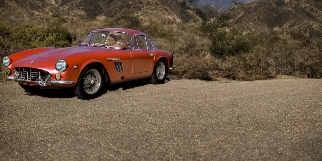 Image similar to photograph, 1958 FERRARI 250 GT, copper paint, by Peter Singhof, press release, cinematic, malibu canyon, 8k, depth of field, bokeh. rule of thirds