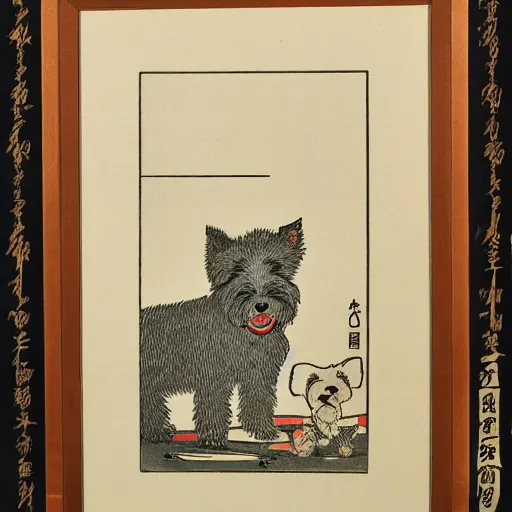 Prompt: Japanese woodblock print of a brewery with a west highland white terrier