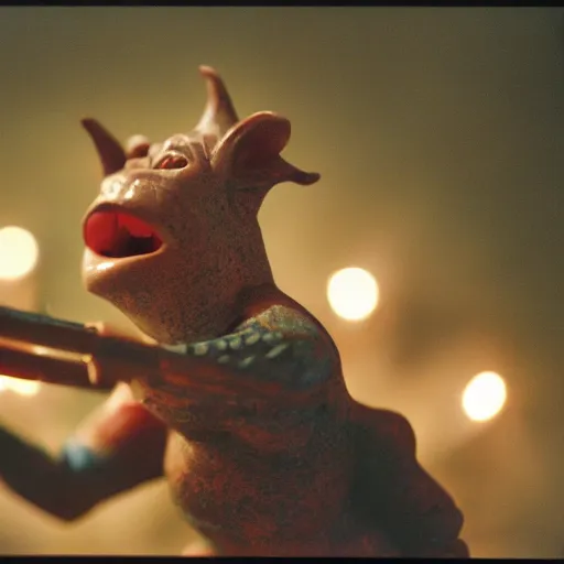 Image similar to a close up portrait of a goblin playing the flute, fireplace lighting, nighttime, kodak vision 5 0 0 t