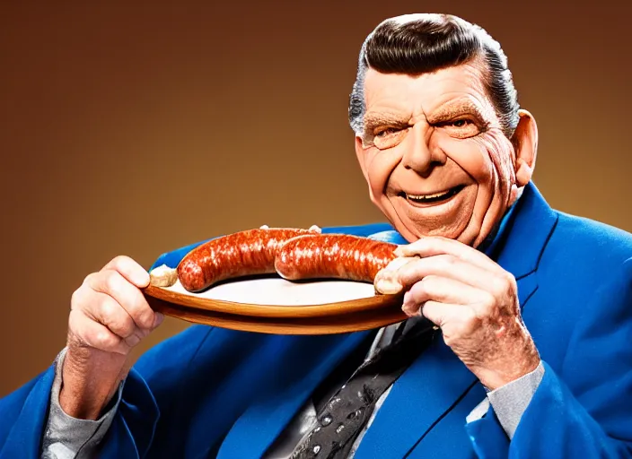 Image similar to photo still of andy griffith as matlock at shoneys!!!!!!!! at age 6 6 years old 6 6 years of age!!!!!!!! enjoying sausage, 8 k, 8 5 mm f 1. 8, studio lighting, rim light, right side key light