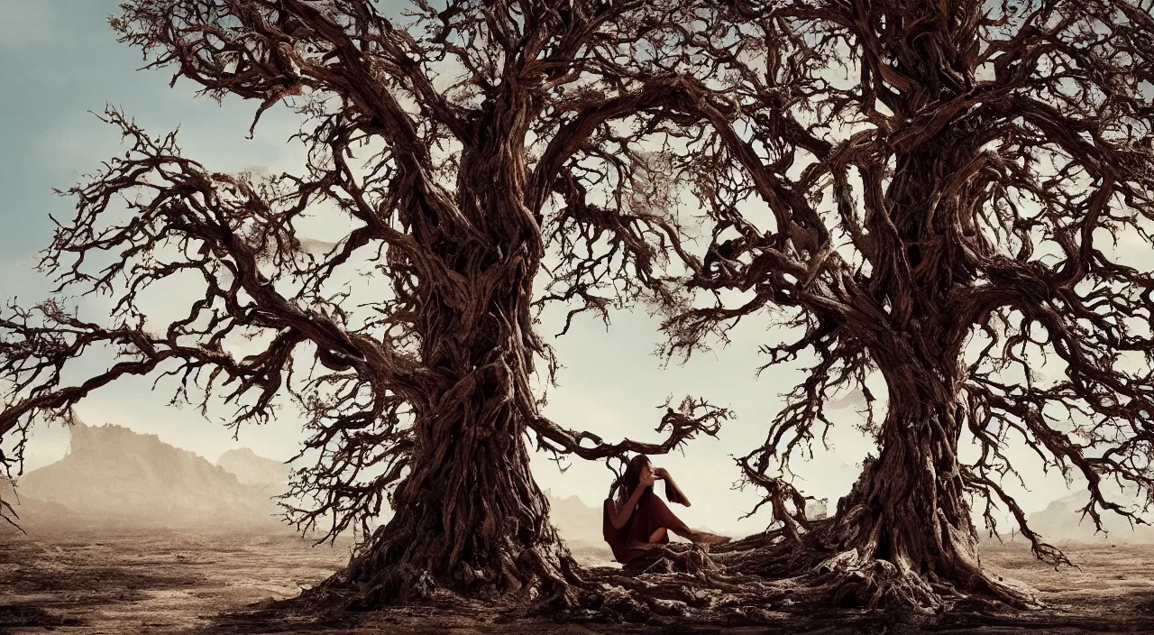 Image similar to 65-year-old tree-like Gaia Goddess shedding one emotionless tear as she sits on a dried up river in a desolate land, blue sky, hot and sunny, highly-detailed, elegant, dramatic lighting, artstation, 4k, cinematic landscape, photograph by Elizabeth Gadd