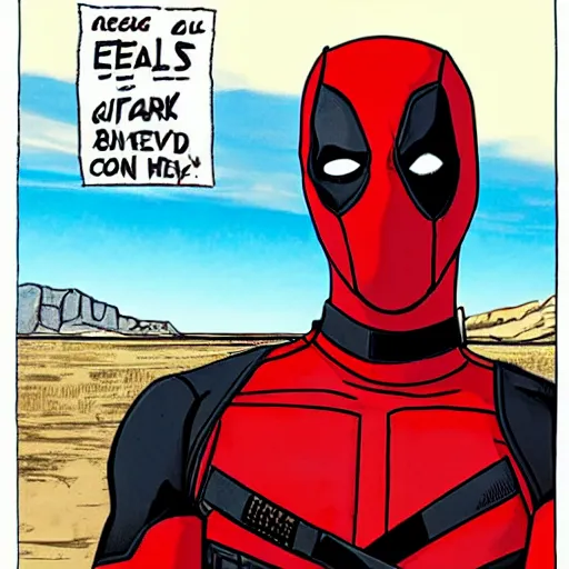 Image similar to deadpool sticking his head out of empty drained lake mead, with the words lake mead written across the top, in comic book style