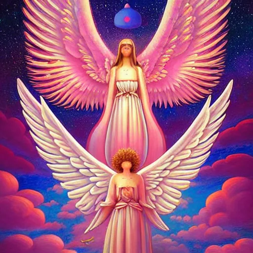 Image similar to abstract biblically accurate angel, giant wings, pink, flower blossoms, stars, night sky, hyper detailed, kawaii, by jacek yerka, lewandowski, hopper and gilleard, ryden, wolfgang lettl, hints of yayoi kasuma