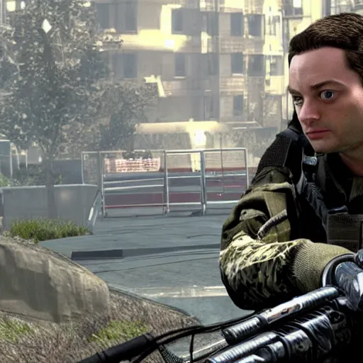 Image similar to Tobey Maguire in Call Of Duty, in-game screenshot, stunning screenshot, epic, intricate, accurate, cool, trending,