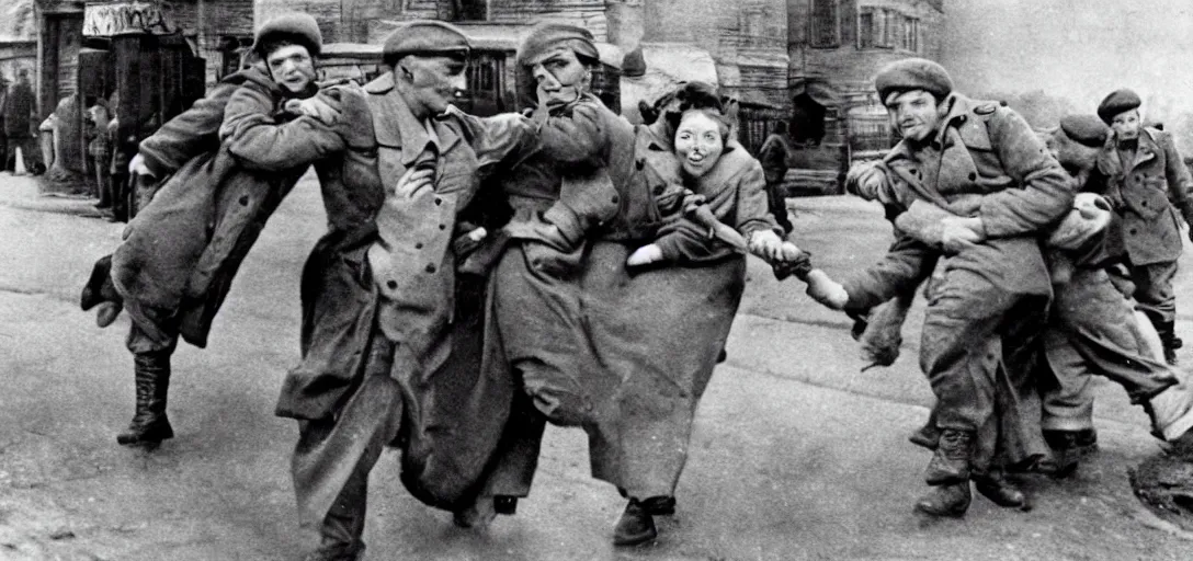 Prompt: photorealistic photograph of tired USSR soldiers stealing from an old woman at the store, 1940s, retro, award-winning