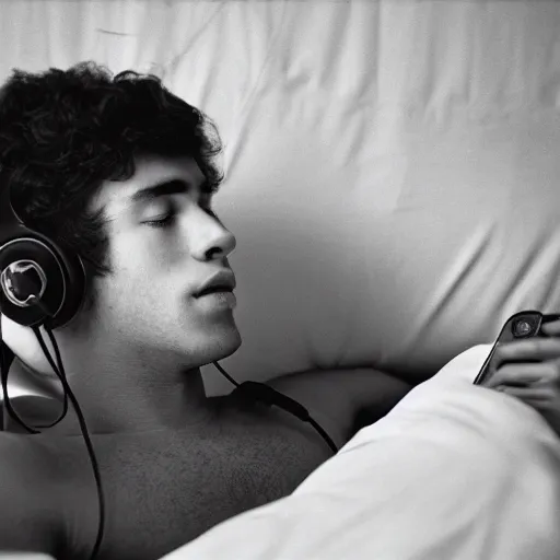 Image similar to a young man is lying on his bed and looking at his iphone with headphones on his head, 1 9 8 0 s, shot on minolta maxxum 7 0 0 0