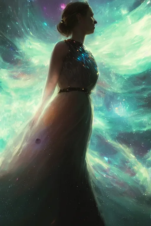 Image similar to a woman, wearing a dress made of stars and nebulae, dramatic, volumetric lighting, planets in the background, smooth, sharp focus, very detailed, by greg rutkowski, artstation, tom badshaw, 8 k, symmetrical face