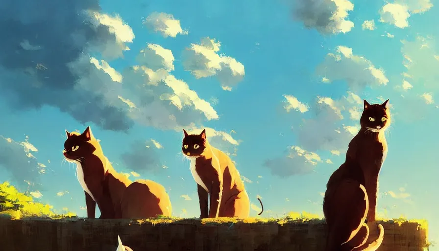 Prompt: contemporary semi abstract acrylic painting of really tall sitting cats by makoto shinkai, by greg rutkowski, thick brush strokes and visible paint layers, glistening clouds in background
