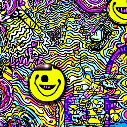 Image similar to acid house music rave graphics psychedelic illustration smiley ecstasy dnb jungle pill graffiti detailed