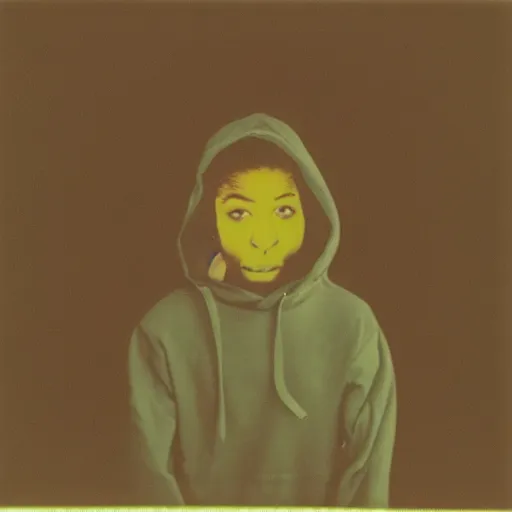 Prompt: varan wearing hoodie, holding polaroid camera, 8 0 s, polaroid photo, by warhol,