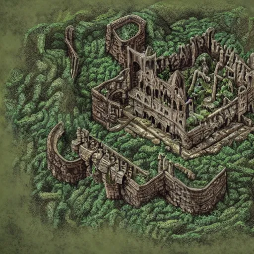 Prompt: , dnd dungeon map of giant ancient castle in an forest with some ivy plants on the walls, cinematic, epic, dramatic lighting from above, dark, vines, fantasy, dust, unreal engine, octane, highly detailed, concept art, dark, super realistic,