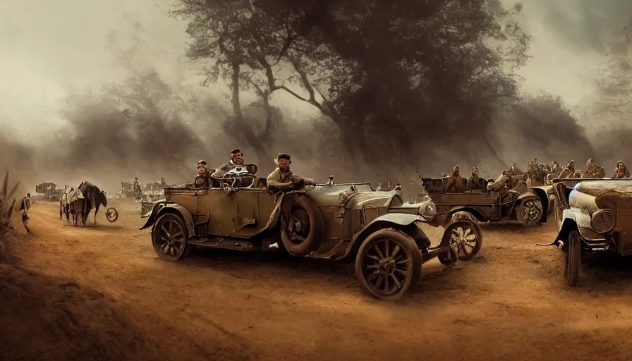 Image similar to british army driving a car in 1921 in indian village, tribe members attacking, action scene, an epic fantasy, dramatic lighting, cinematic, establishing shot, extremely high detail, photorealistic, cinematic lighting, artstation, by christopher nolan, horizon forbidden west