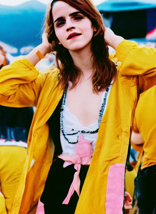 Prompt: Retro color photography portrait of Emma Watson at Cochella 2019