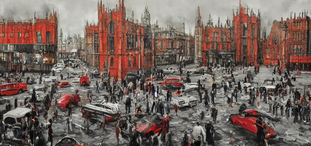 Image similar to A British European City with cars and people roaming inside of the city, certain aspects of the background are lens blurred, splatters of red on the border of the image, some of the people are even painted red, black and white photograph painting, real life, realistic, hyperrealistic, very realistic, photo photograph, photo, photograph, painting, oil painting, ultra realistic, very detailed, extremely detailed, highly detailed, HD Quality, 4k resolution, 8k resolution, trending on artstation, in the style of an Album Cover, cool, epic, nostalgic, intricate details