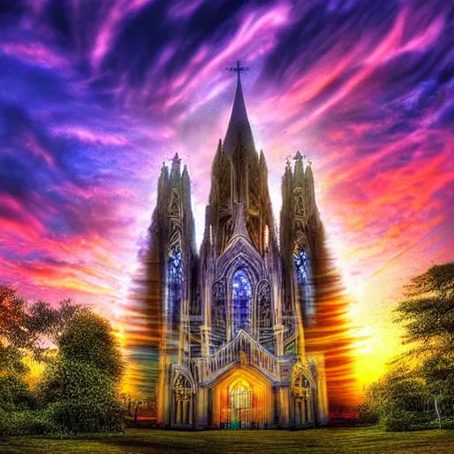 Image similar to Magic Cathedral in the clouds at sunset colorful beautiful heavenly HDR Photorealistic