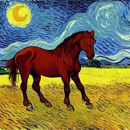 Image similar to horses standing in a field in the moonlight, award winning painting by Vincent van gogh, highly detailed, masterpiece