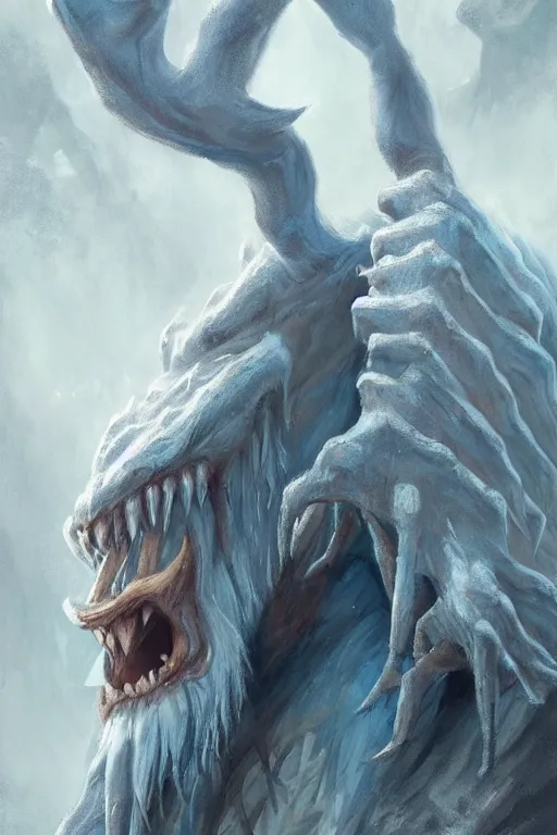 Prompt: north mythology concept art portrait painting of ice gigant ymir the ancestor of all giants by james gurney and alix branwyn and leesha hannigan, trending on artstation, mythical tarot style, detailed