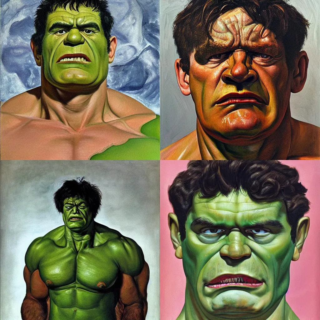 Prompt: portrait of hulk painted by lucian freud