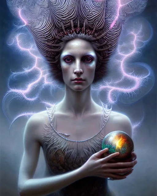 Prompt: a detailed portrait of dreampunk goddess ( flamingo ) fractal ( glass ) ( lightning ) beautiful!! by tomasz alen kopera and peter mohrbacher