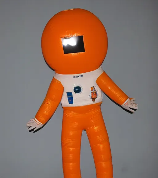 Prompt: a giant inflatable astronaut action figure with an orange and teal suit, stood in a pink misty barren landscape