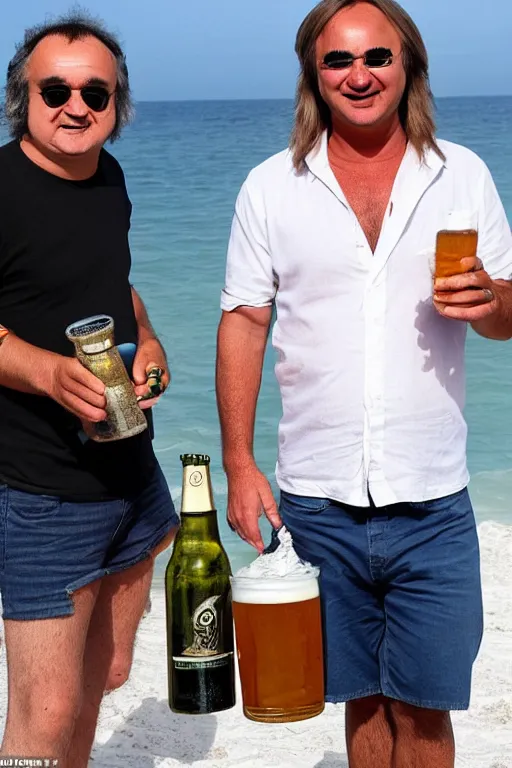 Prompt: Braco the gazer wearing a white shirt is on the beach with a different man who looks like john belushi no sunglasses, smiling, holding beer bottles