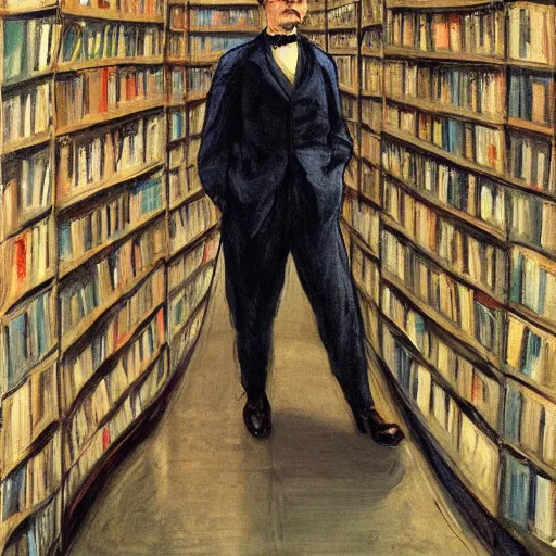 Image similar to a painting of a man in a suit in a city of bookshelves by harriet backer, trending on artstation