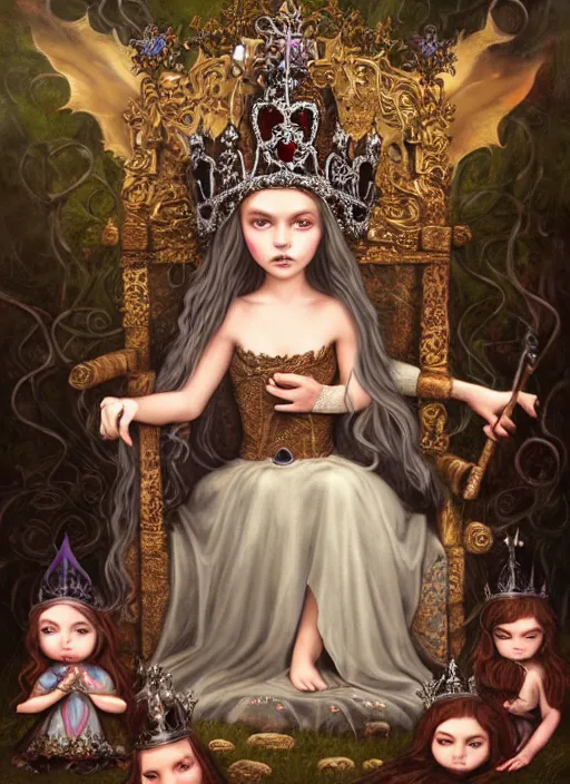 Image similar to highly detailed closeup portrait of a goth fairytale medieval princess wearing a crown and sitting on a throne, surrounded by cute medieval goblins, unreal engine, nicoletta ceccoli, mark ryden, earl norem, lostfish, global illumination, god rays, detailed and intricate environment