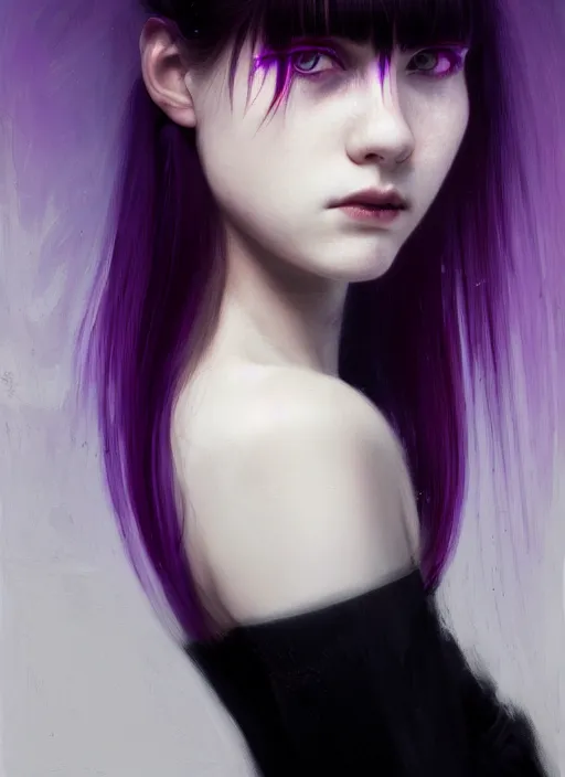 Image similar to portrait of teenage girl, red irises, bangs, black and white hair, white bangs, purple clothes, white bangs, two color hair, black hair and white bangs, intricate, elegant, glowing lights, highly detailed, digital painting, artstation, concept art, smooth, sharp focus, illustration, art by wlop, mars ravelo and greg rutkowski