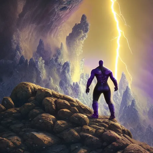 Image similar to thanos climbing a mountain, extreme cold, storm, octane rendering, volumetric lightning, hyperrealism, no blur, 4 k resolution, ultra detailed, style of ivan shishkin, tyler edlin, anato finnstark