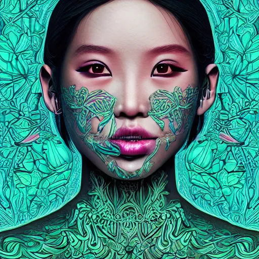 Image similar to the portrait of an unbelievably beautiful, elegant, and sophicated young asian instagram model partially made of broccoli, an ultrafine detailed illustration by james jean, intricate linework, bright colors, final fantasy, behance contest winner, vanitas, angular, altermodern, unreal engine 5 highly rendered, global illumination, radiant light, detailed and intricate environment