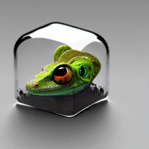 Prompt: concept art gecko sitting inside a glass cube