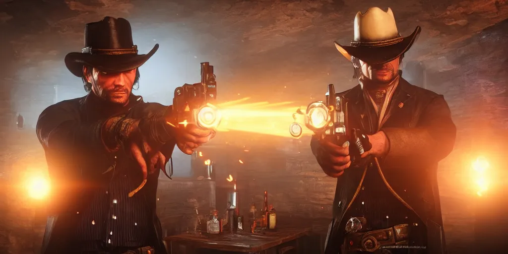 Image similar to a futuristic cowboy holding a glowing revolver to his enemies in a steampunk themed bar, red dead redemption 2, trending on artstation, digital art, award winning, cinematic lightning, god rays