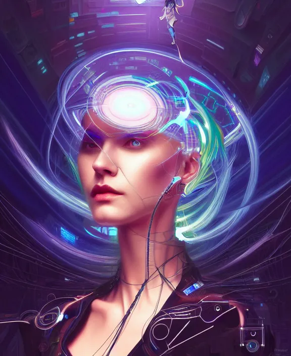 Image similar to a whirlwind of souls rushing inside the metaverse, hologram, half body, neurochip, shaved temple, piercing, jewelry, android, cyborg, cyberpunk face, by loish, d & d, fantasy, intricate, elegant, highly detailed, colorful, digital painting, artstation, concept art, art by artgerm and greg rutkowski and alphonse mucha