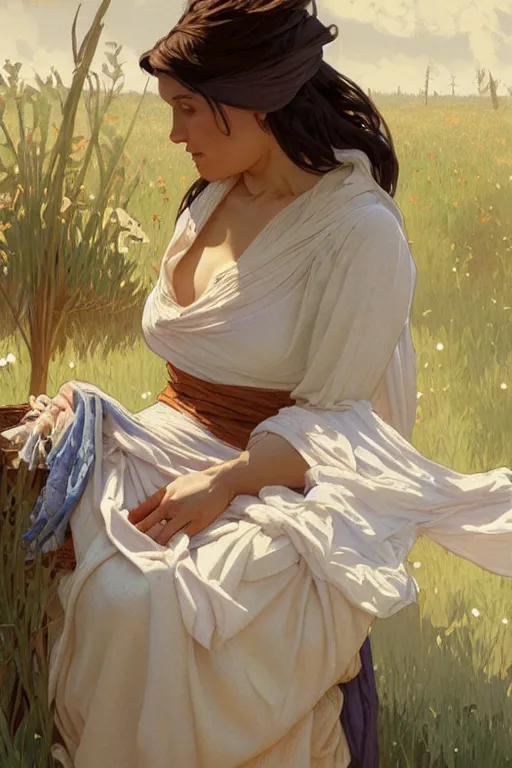 Image similar to rural pregnant woman doing laundry, portrait, elegant, intricate, digital painting, artstation, concept art, smooth, sharp focus, illustration, art by artgerm and greg rutkowski and alphonse mucha