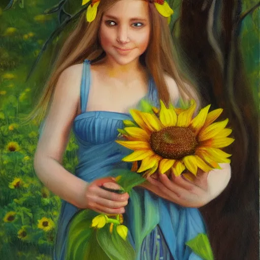 Image similar to beautiful elf girl holding a sunflower in the forest. oil on canvas award winning art gallery painting