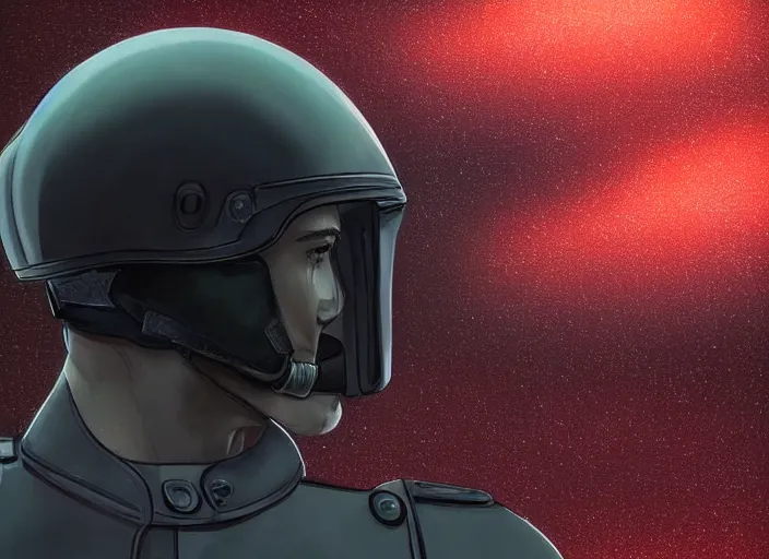 Prompt: beautiful extreme closeup portrait photo in style of frontiers two kissing policemen in motorcycle black scratched helmets, faint mauve iridescent sheen , narcotic beautiful mуn!! sexy glance , dense red clouds, lightning, UFO, science fashion magazine September retrofuturism edition, highly detailed, soft lighting, elegant , soft lighting, 85mm, Edward Hopper and James Gilleard, Zdzislaw Beksinski, Steven Outram