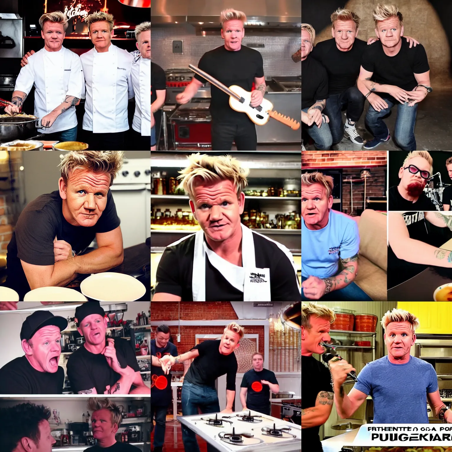 Prompt: footage of gordon ramsay playing in a pop punk band