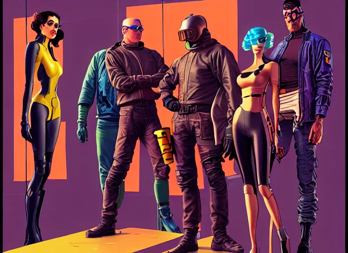 Image similar to cyberpunk heist crew. portrait by stonehouse and mœbius and will eisner and gil elvgren and pixar. character design. realistic proportions. cyberpunk 2 0 7 7 character art, blade runner 2 0 4 9 concept art. cel shading. attractive face. thick lines. the team. diverse characters. artstationhq.