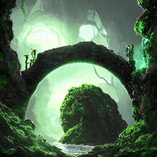 Image similar to a scary portal glowing green portal to another world in darwin's arch in the galapagos islands, elden ring landscape, d & d, fantasy, intricate, elegant, highly detailed, digital painting, artstation, concept art, matte, sharp focus, illustration, art by hayao miyazaki