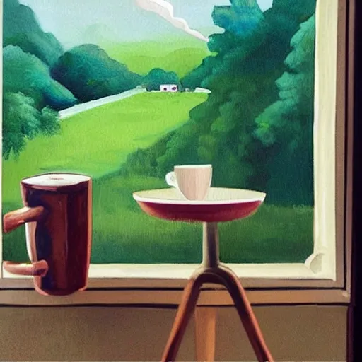 Prompt: “ nostalgic painting of a breakfast table with a steaming cup of coffee and a newspaper. the window behind it shows a green idyllic hill with a road on it, and families walking to school. realistic style. ”