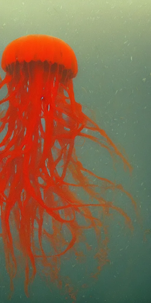 Image similar to a beautiful red jellyfish in an underwater kelp forest, painted by ilya repin, trending on artstation