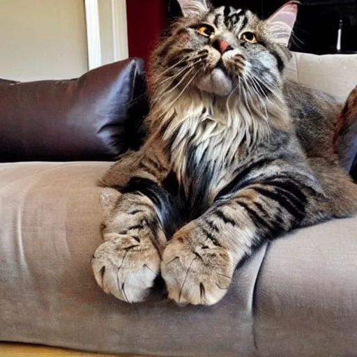 Image similar to a giant Main Coon cat destroyed the couch in a living room