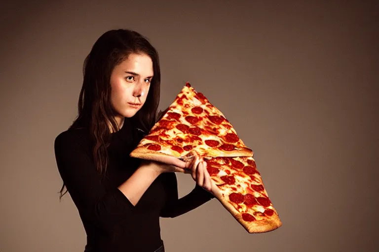 Image similar to A dark, brooding young woman eating a delicious pizza, studio portrait, dramatic lighting, trending on artstation
