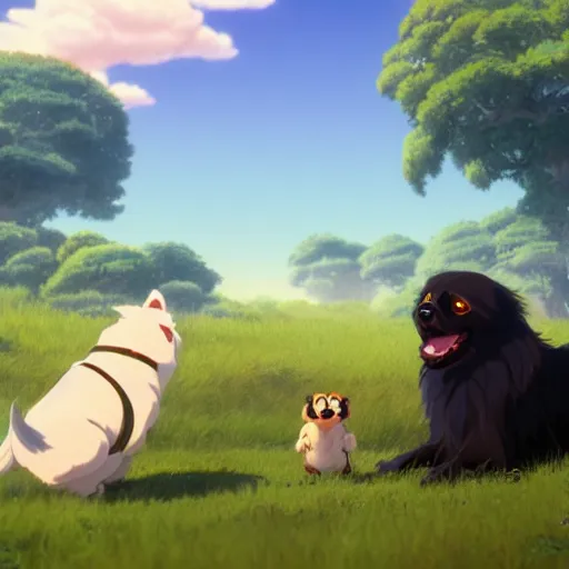 Image similar to a wholesome animation key shot of black tibetan spaniel, studio ghibli, pixar and disney animation, sharp, rendered in unreal engine 5, anime key art by greg rutkowski, dramatic lighting