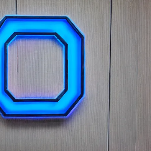 Prompt: a blue neon light hexagon with an door in the middle