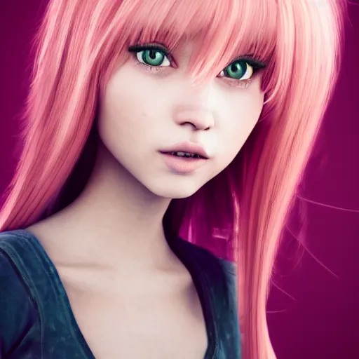 Prompt: A portrait of Nikki from Shining Nikki, a 3d cgi toon young woman with long pink hair, full bangs, amber eyes, pale skin, Chinese, medium shot, mid-shot, soft focus, 4k, trending on artstation
